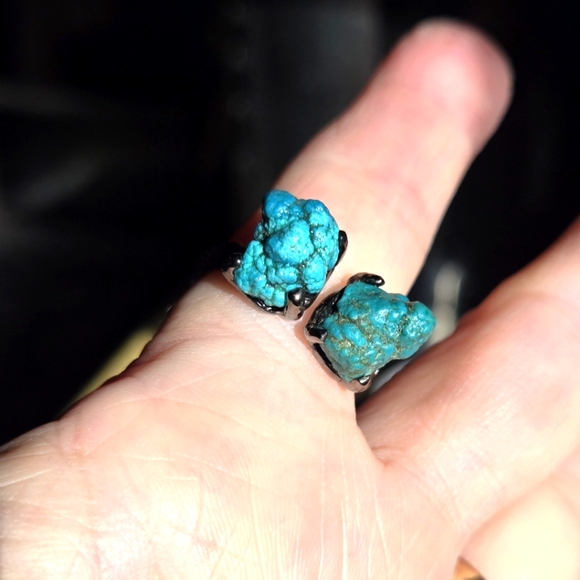 Natural Kharma by Avelon Jewelry - Turquoise raw dual nugget sterling & rhodium ring sz9 adjustable